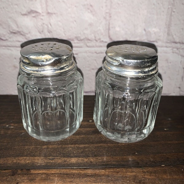 Vintage Clear Cut Glass Salt & Pepper Shakers Round Silver Tops