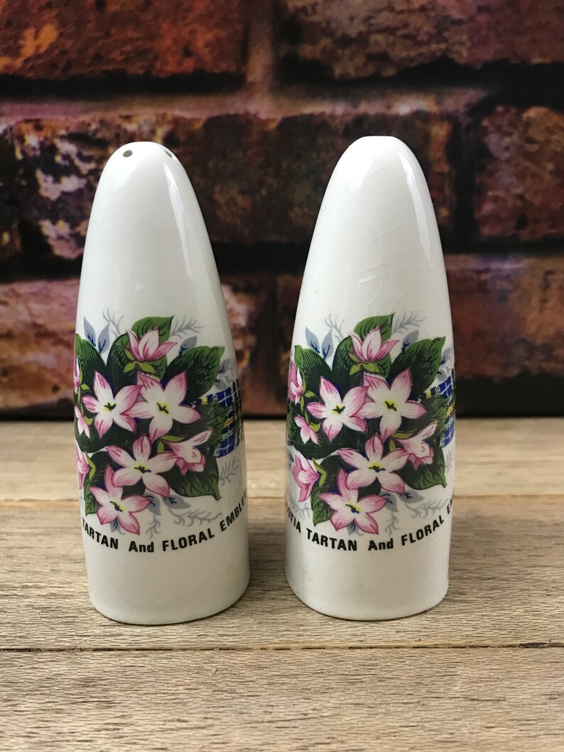 Vintage Ceramic Nova Scotia Tartan Floral Emblem Salt & Pepper Shakers