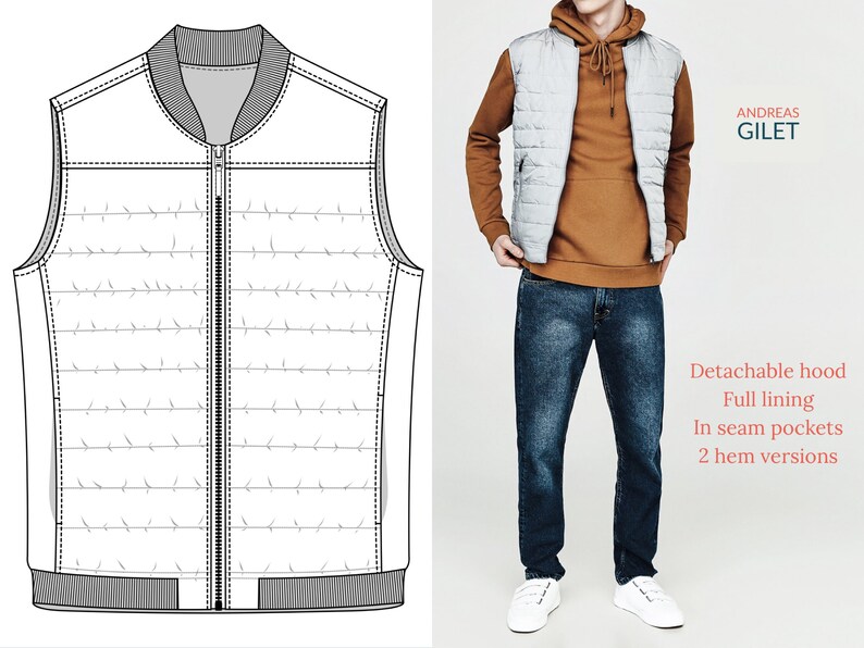 Andreas Gilet Men's gilet with hood sewing pattern complete with clear