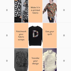May include: A collage of nine images showing different ways to customize a sweatshirt. The images show sweatshirts with various patterns, designs, and textures. The text in the images reads "Make it in a printed fabric", "Patchwork your fabric scraps", "Use your quilt", and "Transfer your design".