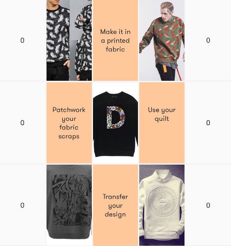 May include: A collage of nine images showing different ways to customize a sweatshirt. The images show sweatshirts with various patterns, designs, and textures. The text in the images reads "Make it in a printed fabric", "Patchwork your fabric scraps", "Use your quilt", and "Transfer your design".