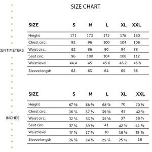 May include: Size chart for clothing in both centimeters and inches. The chart includes measurements for height, chest, waist, seat, waist level, and sleeve length. Sizes range from S to XXL.