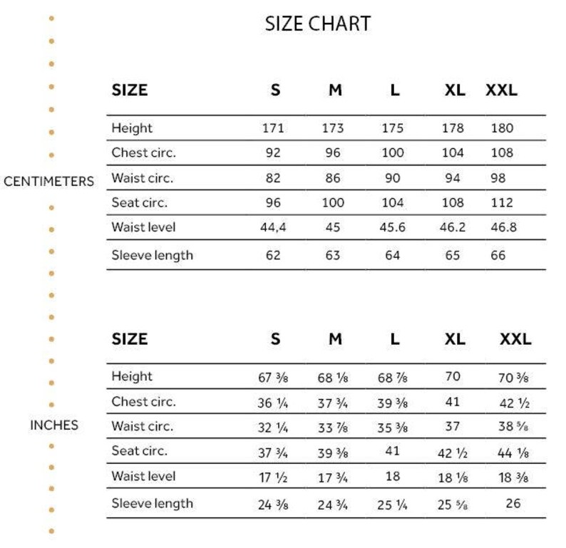 May include: Size chart for clothing in both centimeters and inches. The chart includes measurements for height, chest, waist, seat, waist level, and sleeve length. Sizes range from S to XXL.