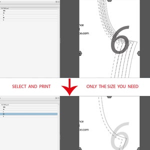 May include: A screenshot of a computer screen showing a software program for creating patterns. The program has a list of sizes, including XS, S, M, L, and XL. The image shows a pattern for a number 6, with the text "SELECT AND PRINT" and "ONLY THE SIZE YOU NEED" at the top and bottom of the image.