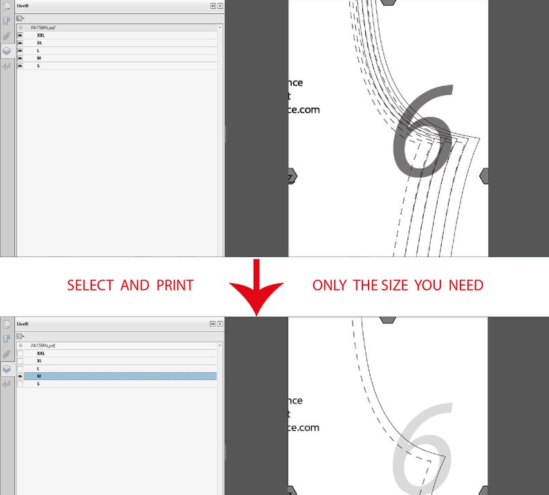 May include: A screenshot of a computer screen showing a software program for creating patterns. The program has a list of sizes, including XS, S, M, L, and XL. The image shows a pattern for a number 6, with the text "SELECT AND PRINT" and "ONLY THE SIZE YOU NEED" at the top and bottom of the image.