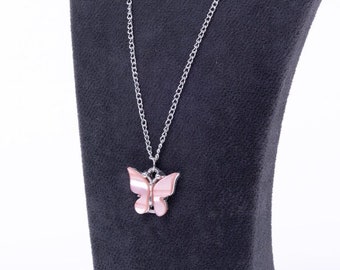 Pink butterfly necklace with silver plated chain