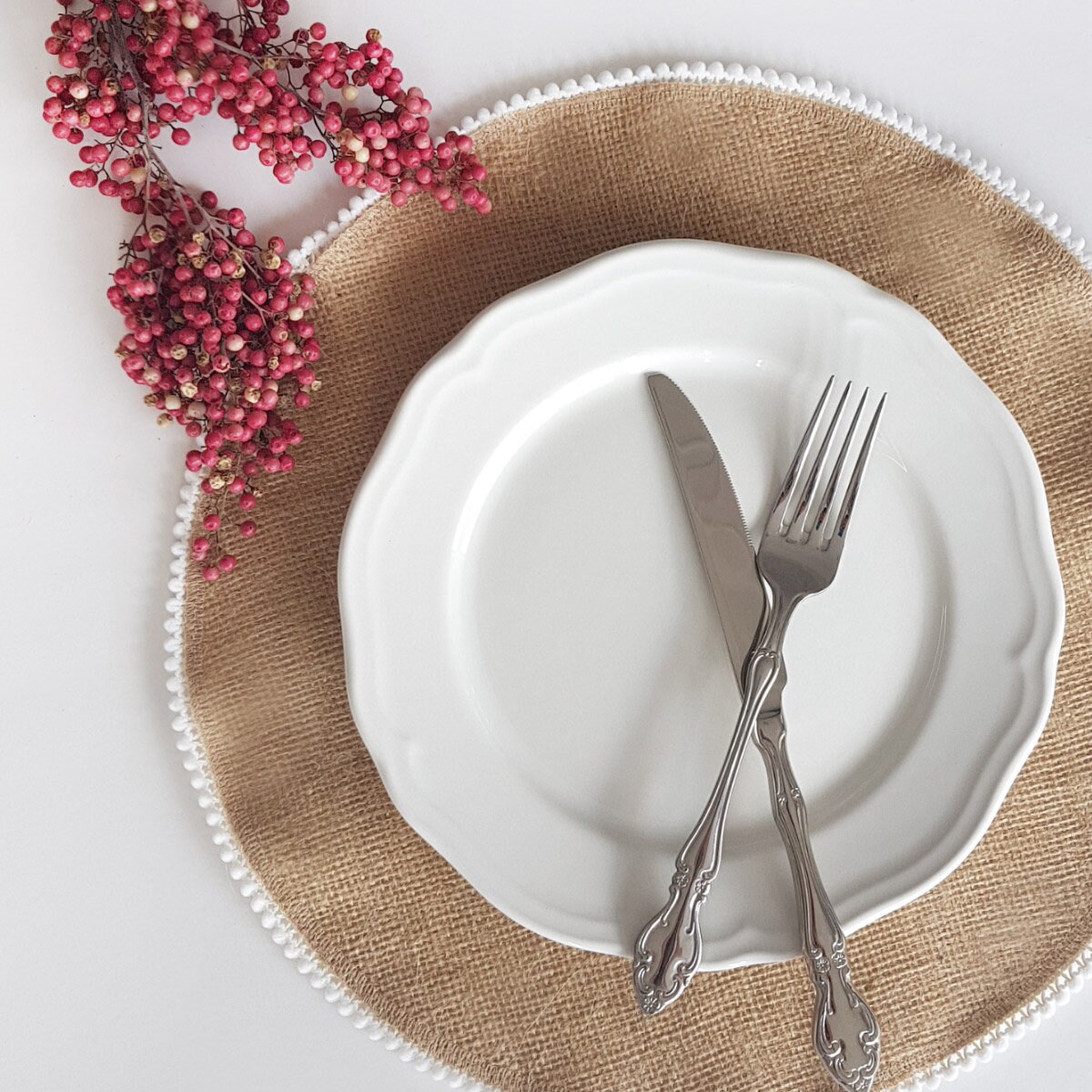 2 Pcs Ronds Tapis de Toile Jute avec Bord Garniture Pom Pom, 38 cm | 14, 96 Pouces Diamètre