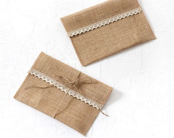 Jute envelope, lace ribbon, 14x19 cm / 100 pcs