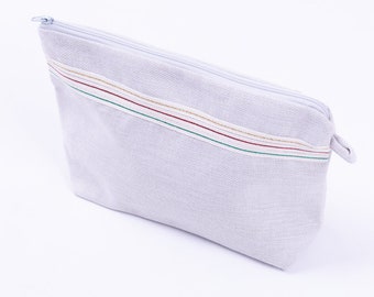 Grey make-up bag in poly linen fabric with mixed glitter stripe detail