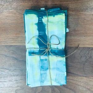 Set of Eight (8) Handmade Shibori Style Napkins in Teal and Lemon Yellow.  100% Cotton Handmade Tie-Dye Napkins