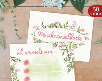 50 x Musikwunschkarten für Hochzeit / Geburtstag – ausgedruckt & zugeschnitten – Liedwunsch – Hochzeit Tischdeko – Dekoration – Papeterie