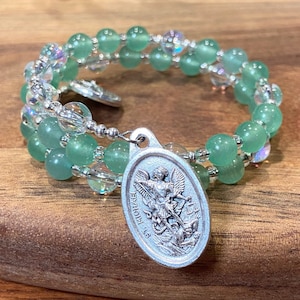Green (Aventurine) St. Michael Chaplet Bracelet | Memory Wire Catholic Wrap Bracelet