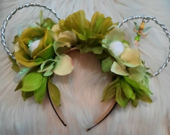 Fairy, Tinker, Bell, Pan, Disney Inspired Wire Ears Floral Flower Crown Minnie or Mickey Mouse Ears Headband Flower and Garden Festival