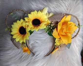 Sunflower, Bohemian, Disney Inspired Wire Ears Floral Flower Crown Minnie or Mickey Mouse Ears Headband Flower and Garden Festival