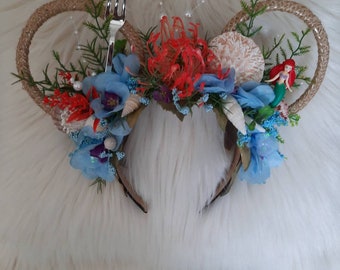 Ocean, Mermaid, Sea, Disney Inspired Wire Ears Floral Flower Crown Minnie or Mickey Mouse Ears Headband Flower and Garden Festiva