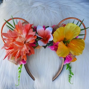 Hawaii, Hawaiian, Tropical, Disney Inspired Wire Ears Floral Flower Crown Minnie or Mickey Mouse Ears Headband Flower and Garden Festival