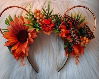 Jungle, Tiger, Cat, Disney Inspired Wire Ears Floral Flower Crown Minnie or Mickey Mouse Ears Headband Flower and Garden Festival