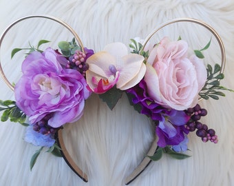 Pink, Purple, Bohemian,Princess, Disney Inspired Wire Ears Floral Flower Crown Minnie or Mickey Mouse Ears Headband Flower and Garden Festiv