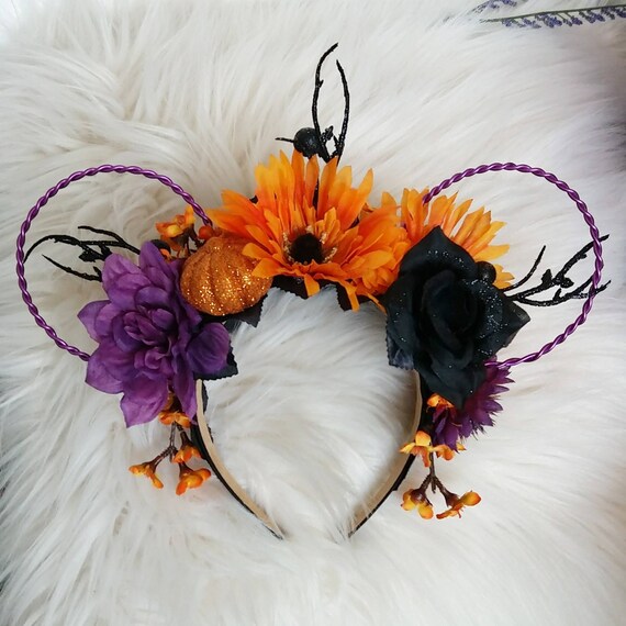 Witchy Halloween Floral Halloween Mickey Ears Pumpkin Floral Ears - Halloween Mouse Ears - Black and  main image 4