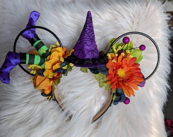 Halloween, Witch, Holiday, Disney Inspired Wire Ears Floral Flower Crown Minnie or Mickey Mouse Ears Headband Flower and Garden Festival