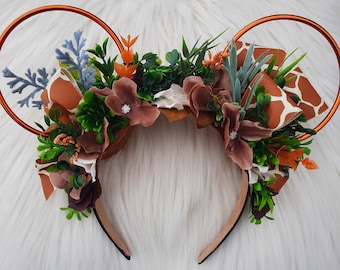 Safari, Giraffe, Jungle, Boat, Disney Inspired Wire Ears Floral Flower Crown Minnie or Mickey Mouse Ears Headband Flower and Garden Festival