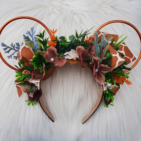 Safari, Giraffe, Jungle, Boat, Disney Inspired Wire Ears Floral Flower Crown Minnie or Mickey Mouse Ears Headband Flower and Garden Festival