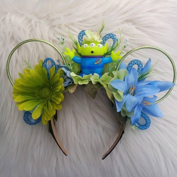 Green Alien, Toy, Disney Inspired Wire Ears Floral Flower Crown Minnie or Mickey Mouse Ears Headband