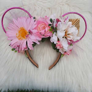 Pink, Princess, Boho, Bohemian, Disney Ears Disney Inspired Floral Disney Wire Flower Crown Minnie Mickey Mouse Headband flower and garden