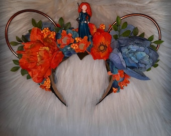 Princess Disney Inspired Wire Ears Floral Flower Crown Minnie or Mickey Mouse Ears Headband Flower and Garden Festival