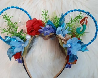Mermaid, Ocean, Sea, Shells, Disney Inspired Wire Ears Floral Flower Crown Minnie or Mickey Mouse Ears Headband Flower and Garden Festival