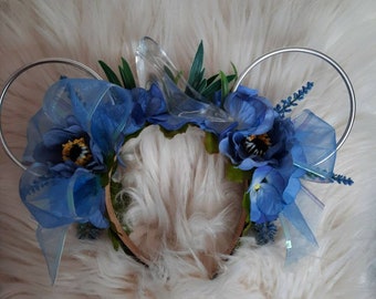 Glass Slipper, Cinder, Ella, Disney Inspired Wire Ears Floral Flower Crown Minnie or Mickey Mouse Ears Headband Flower and Garden Festival