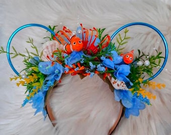 Finding Nemo, Ocean, Disney Ears Inspired Floral Disney Ears Wire Ears Flower Crown Minnie Mickey Mouse Headband Flower and Garden Festival