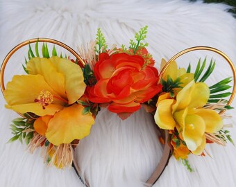 Hawaii, Hawaiian, Tropical, Disney Inspired Wire Ears Floral Flower Crown Minnie or Mickey Mouse Ears Headband Flower and Garden Festival