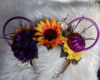 Pumpkin, Witch, Halloween, Disney Inspired Wire Ears Floral Flower Crown Minnie or Mickey Mouse Ears Headband Flower and Garden Festival