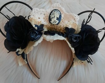 Halloween, haunted, mansion, Disney Inspired Wire Ears Floral Flower Crown Minnie or Mickey Mouse Ears Headband Flower and Garden Festival