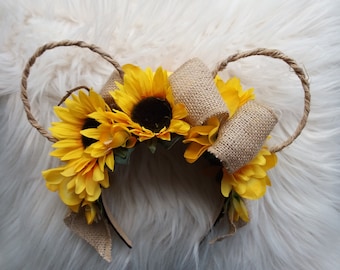 Sunflower Disney Ears, Disney Inspired Floral Disney Ears,  Wire Ears, Flower Crown, Minnie or Mickey Mouse Ears Headband