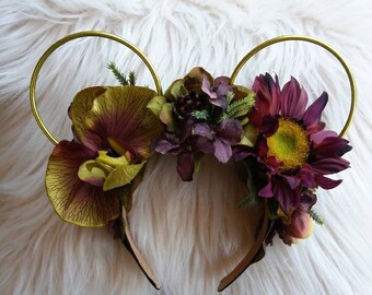 Alien Green Purple Sunflower Disney Ears, Disney Inspired Floral Disney Ears, Wire Ears, Flower Crown, Minnie or Mickey Mouse Ears Headband