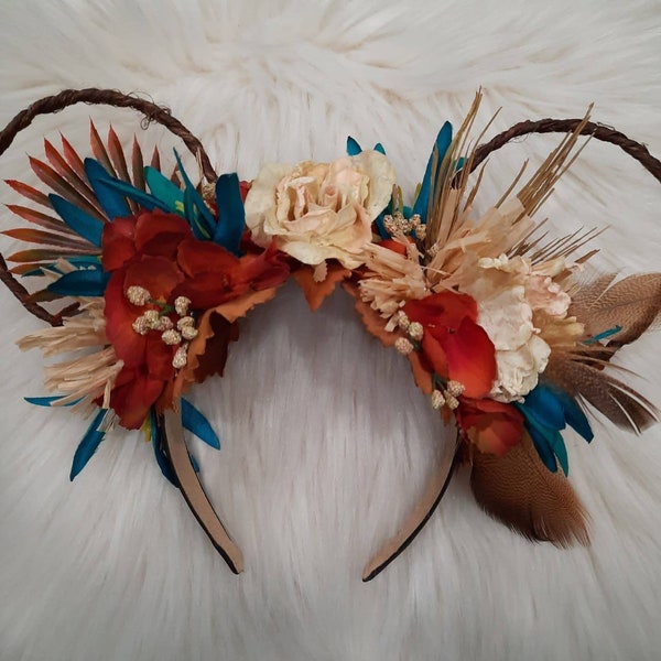 Natural Polynesian Disney Inspired Floral Wire Ears Flower Crown Minnie Mickey Mouse Headband Flower and Garden Festival