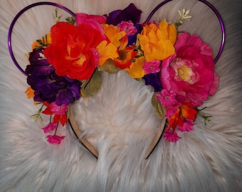 Vibrant, Colorful, Disney Inspired Wire Ears Floral Flower Crown Minnie or Mickey Mouse Ears Headband Flower and Garden Festival