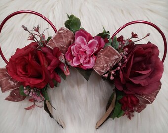 Red, maroon, Disney Inspired Wire Ears Floral Flower Crown Minnie or Mickey Mouse Ears Headband Flower and Garden Festival