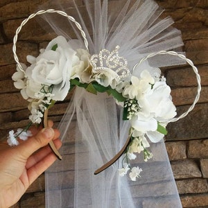 Bride / Wedding Disney Ears Inspired Floral Disney Ears Wire Ears Flower Crown Minnie or Mickey Mouse Ears Headband