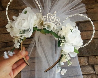 Bride / Wedding Disney Ears Inspired Floral Disney Ears Wire Ears Flower Crown Minnie or Mickey Mouse Ears Headband