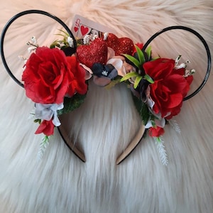 Queen of Hearts Wonderland Disney Inspired Wire Ears Floral Flower Crown Minnie or Mickey Mouse Ears Headband Flower and Garden Festival