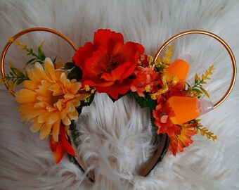 Halloween, Candy Corn, Lights, Disney Inspired Wire Ears Floral Flower Crown Minnie or Mickey Mouse Ears Headband Flower and Garden Festival