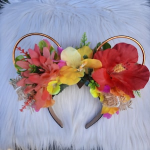 Hawaii, Hawaiian, Tropical, Disney Inspired Wire Ears Floral Flower Crown Minnie or Mickey Mouse Ears Headband Flower and Garden Festival