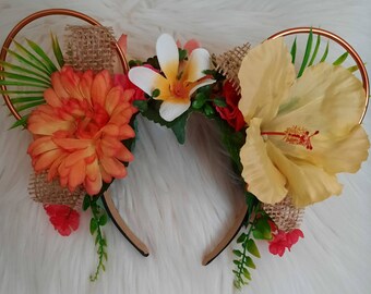 Hawaii, Hawaiian, Tropical, Disney Inspired Wire Ears Floral Flower Crown Minnie or Mickey Mouse Ears Headband Flower and Garden Festival