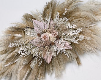 Pampas Dried Flower Arrangement Beige/White/Neutral Roses Wedding Swag, Nursery Decor, Event Backdrop Floral, Wedding Arch Arrangement