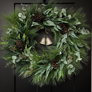 Pine wreaths for Christmas, winter greenery wreaths for front doors, large pine wreaths with pinecones and berries, eucalyptus and pine