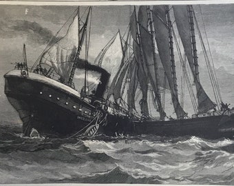 Collision Btwn Schooner Cornelius Hargraves & The Spanish Steamship Vizcaya off the Coast of NJ Print, Once A Week, Nov 18, 1890, 11x16in.