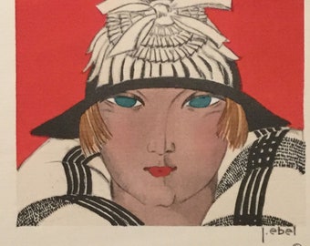 Gazette du Bon Ton Art Print No.5, 7.5 x 9.5 inches, Année 1921, Planche 35, La Jeaune Fille Aux Joues Roses, Chapeau de Camille Roger